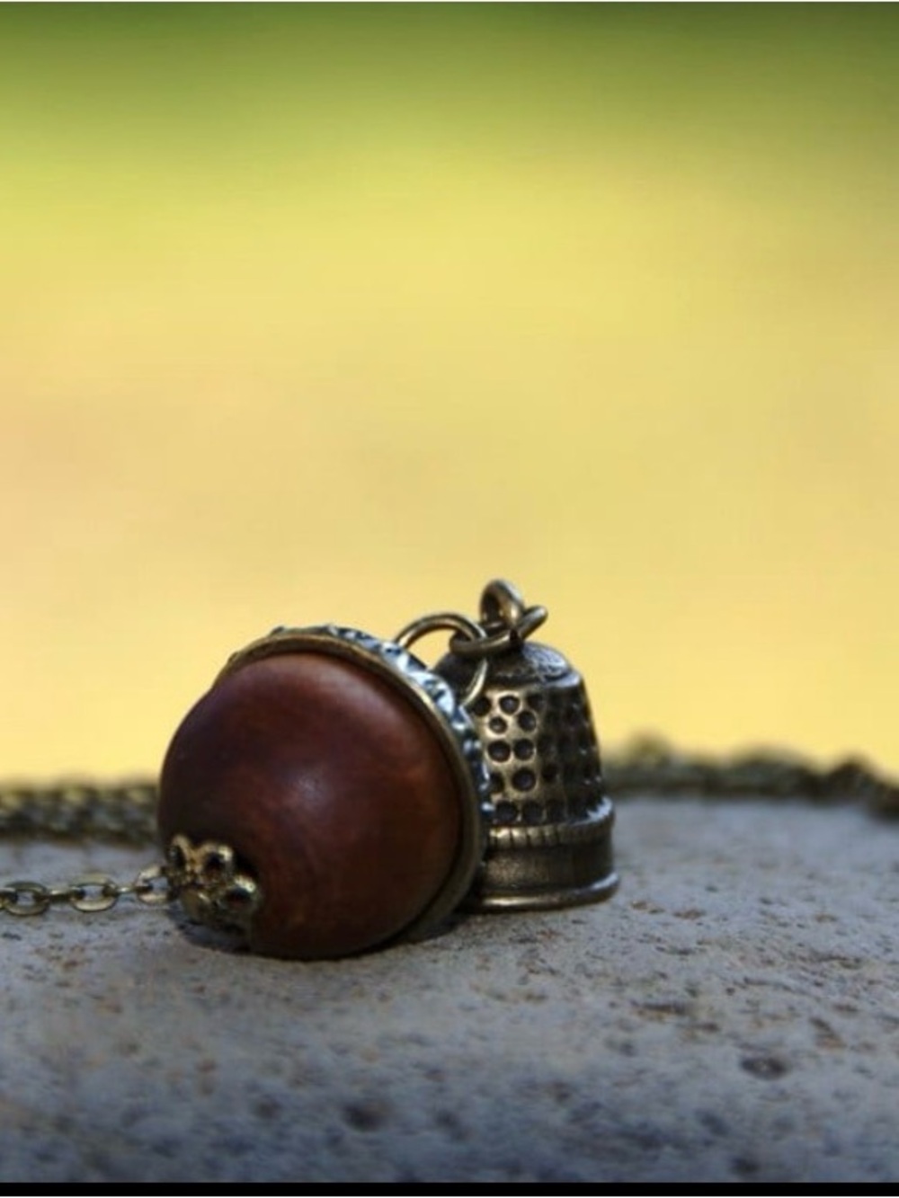 Antique Brass & Wood Peter Pan & Wendy Acorn & Thimble”Kiss” Pendant Necklace - Picture 2 of 2